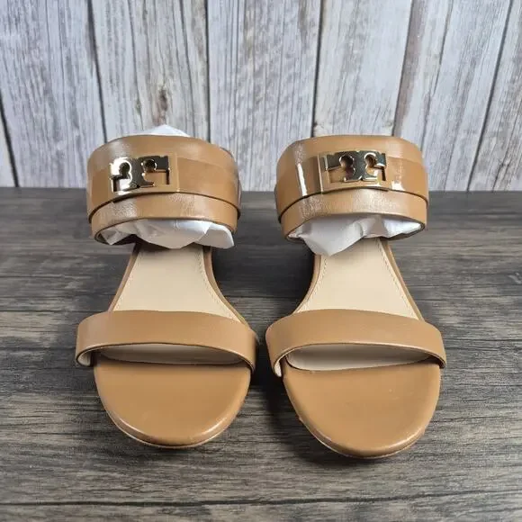 Tory Burch GIGI 65mm Wedge Royal Tan Leather Sandals Open Toe Women's Sz 11 M - Picture 2 of 9